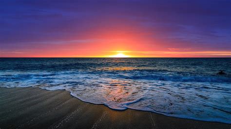 sunset, beach, sky, sea, horizon, scnery, 4k, pc HD Wallpaper