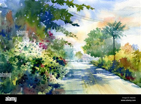 watercolor painting of autumn landscape with a beautiful road with ...