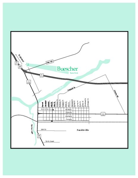 Buescher Texas State Park Map - 100 Park Rd 1C Smithville TXlrm • mappery