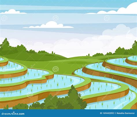 Rice Plantation Flat Vector Illustration. Vietnam Countryside Farmland ...