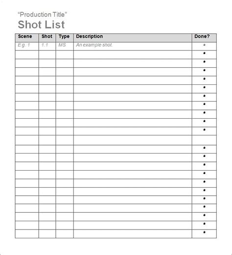 Shot List Template - Free Word, Excel Documents Download