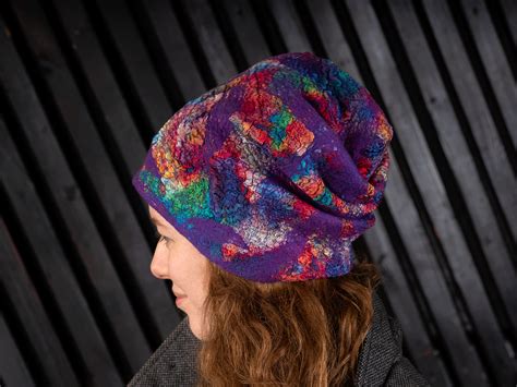 Rainbow bini nunofelted hat, beanie hat, felted cap, colorful wool silk ...