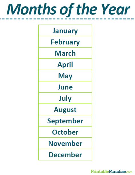 Printable List of the Months of the Year List Of Months, Months In A ...