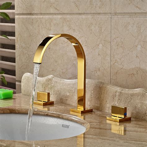 Gold Polished Widespread 3pcs Bathroom Sink Faucet Double Handles Mixer ...