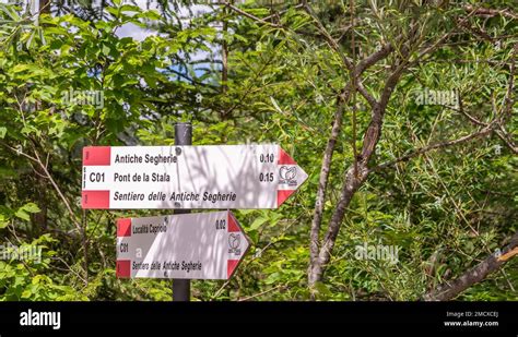 hiking trails wooden signs in Mountains - Trento province - Trentino ...