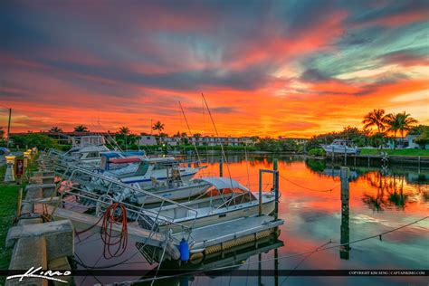 Boats at North Palm Beach Marina Sunset with Red Colors