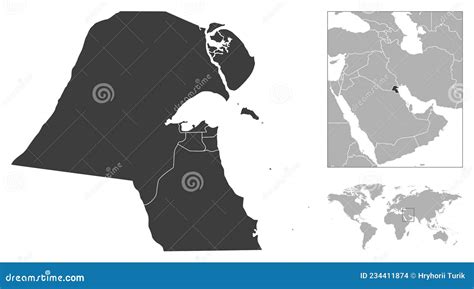 Kuwait Detailed Administrative Blue Map With Country Flag And Location ...