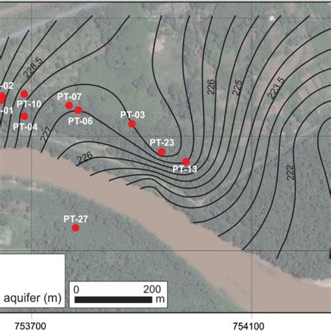 Isobath map indicating first occurrences of the aquifer. | Download ...