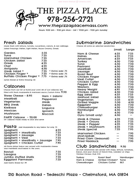 Online Menu of Pizza Place Restaurant, Chelmsford, Massachusetts, 01824 ...