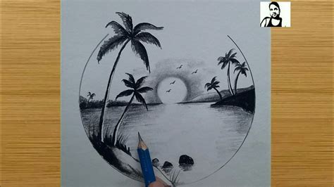 dibujo fácil de la puesta de sol con lápiz de carbón para principiantes ...