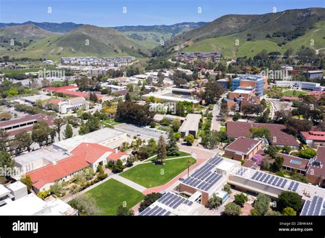 Aerial view above the campus of Cal Poly San Luis Obispo, California ...