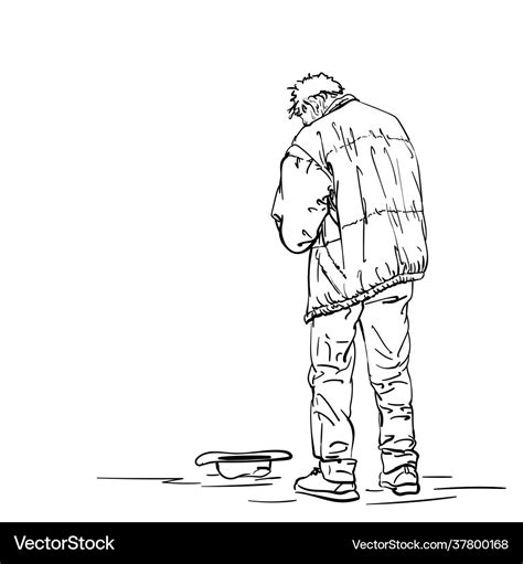 Drawing man old beggar is begging with hat Vector Image