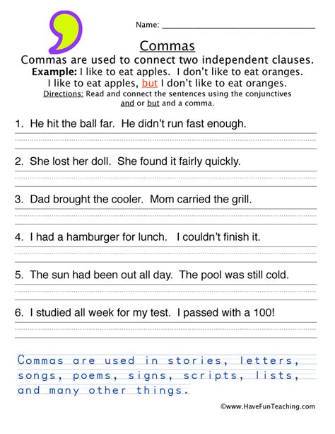 Independent Clauses Comma Worksheet by Teach Simple