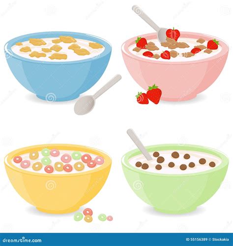 Bowls Of Breakfast Cereal With Milk And Yogurt Vector Set ...