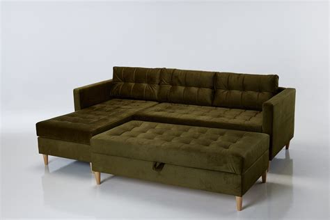 Newport - Left Hand Chaise Sofa Bed with Storage Ottoman, Olive Velvet ...