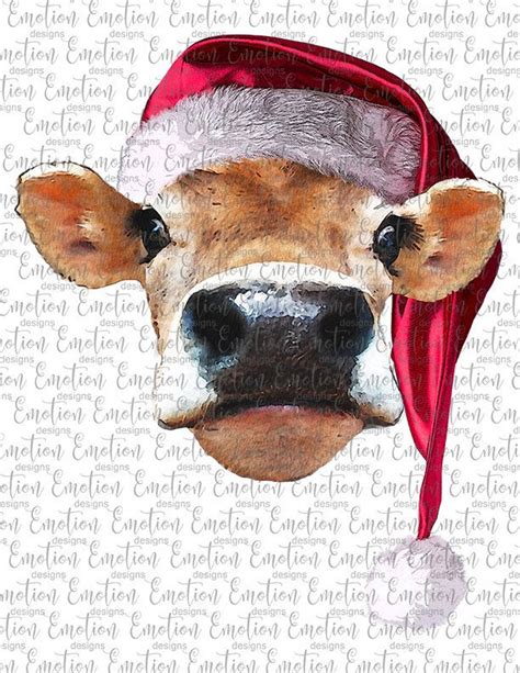 Cow in Santa Hat Watercolor Christmas Clipart, Instant Download ...