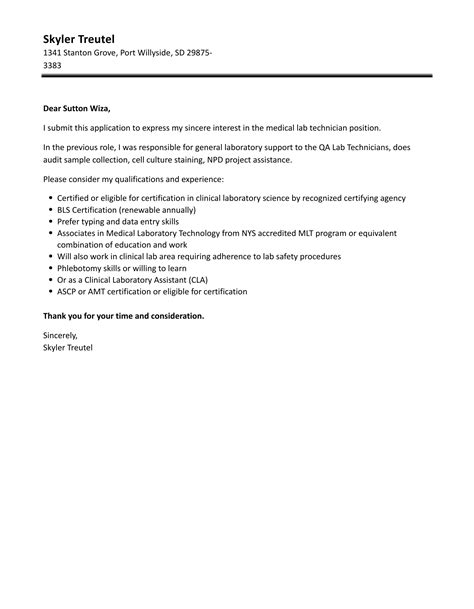 Medical Lab Technician Cover Letter | Velvet Jobs