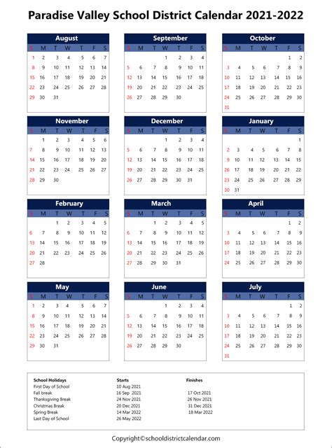 Paradise Valley Unified School District Calendar Holidays 2021-2022