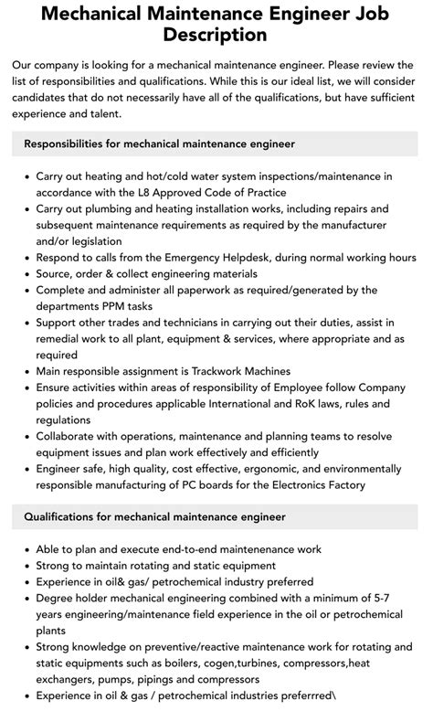 Mechanical Maintenance Engineer Job Description | Velvet Jobs