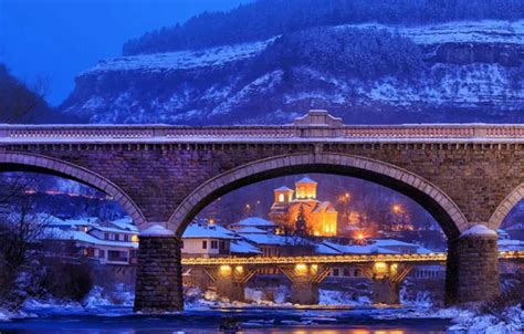 Wallpaper winter, mountains, bridge, lights, Church, Bulgaria, Veliko ...