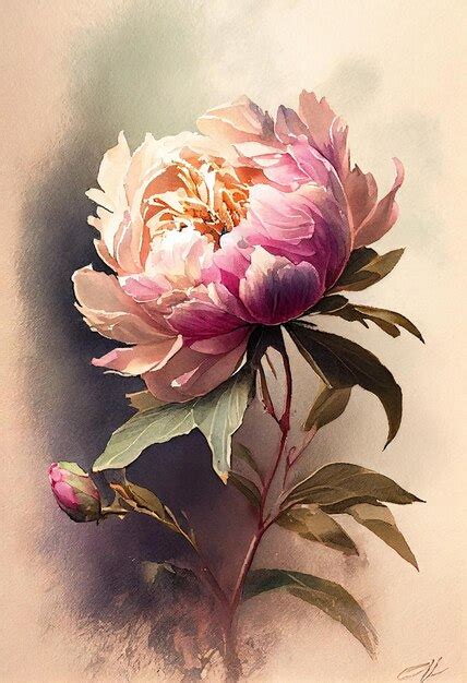 Premium Photo | A painting of a peony with a pink flower