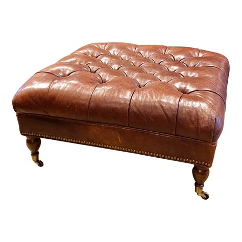 Southwood Brown Leather Tufted Ottoman | Chairish