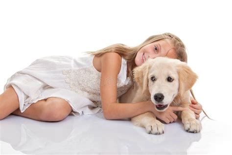 Child Hugging Pet Puppy Dog Stock Image - Image of retriever, animal ...