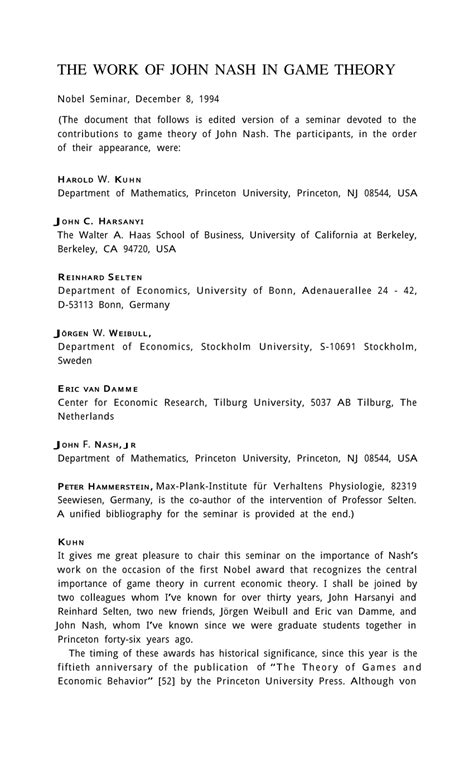 (PDF) The work of John F. Nash Jr. in game theory: Nobel Seminar, 8 ...