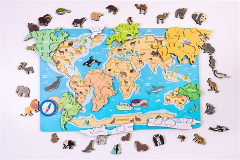 Kids World Map With Animals 2113, Kids Educational Wood Toys, World Map ...