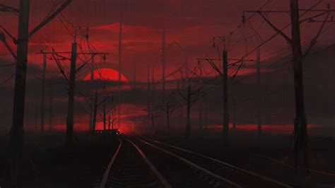 Railway Track With Red Sunset Background HD Red Aesthetic Wallpapers ...