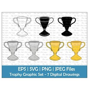 Trophy First Prize Clipart Set / Outline, Silhouette Stamp & Color ...