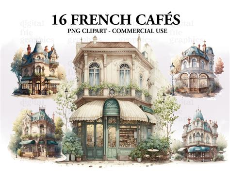 French Café Watercolor Clipart, Café Interior Clipart, Vintage Café ...