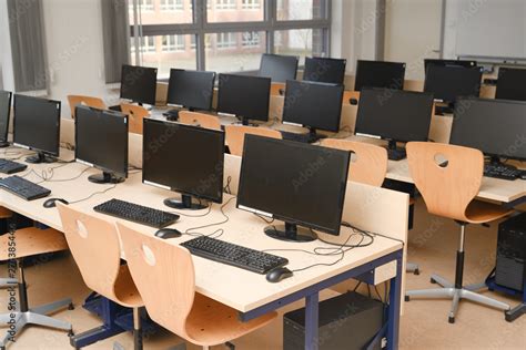 Computer room for pupils and students in a school computer lab Stock ...