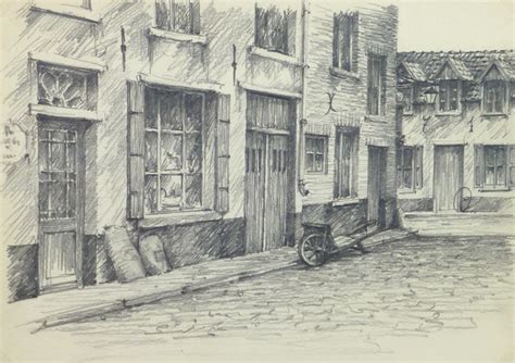 Pencil Drawing Belgium City Shops, circa 1950