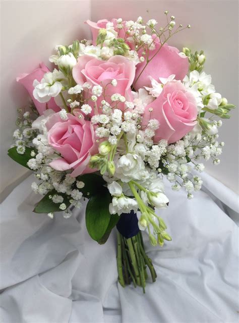 Bridal Bouquet with pink Roses white mini-carnations and Baby's Breath ...