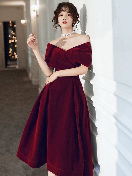 Beautiful Wine Red Velvet Tea Length Party Dress, Bridesmaid Dress ...