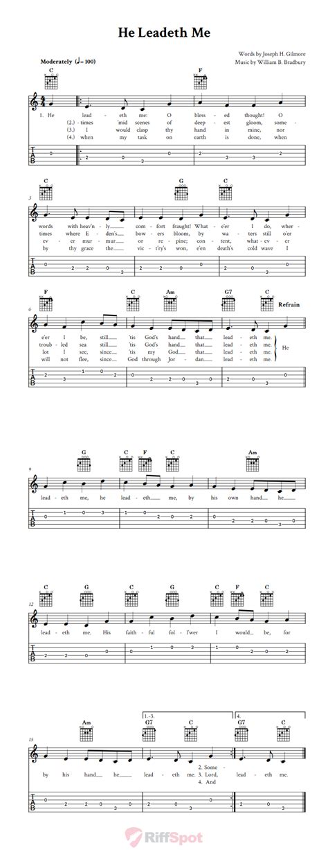 He Leadeth Me - Easy Guitar Sheet Music and Tab with Chords and Lyrics