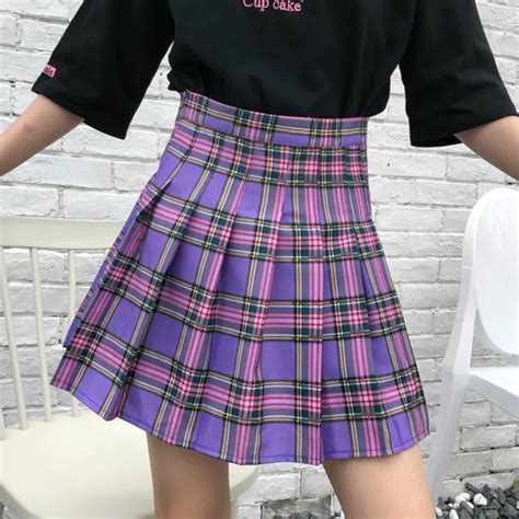 Harajuku Purple Plaid High Waist Pleated Skirt Women Retro Cotton Loose ...