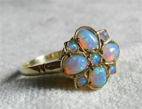 Opal Ring 9K Blue Opal Ring Vintage Opal Cluster Flower Ring