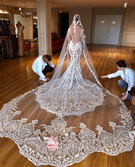 See-through Lace Long Train and Veil Wedding Dress in 2020 | Custom ...