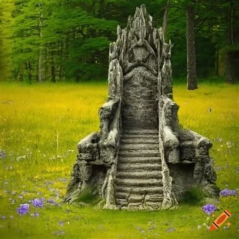 Crude stone throne in vast meadow with wildflowers and thick trunk ...