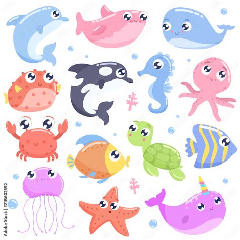 Cute cartoon sea animals. Flat design Stock Vector | Adobe Stock