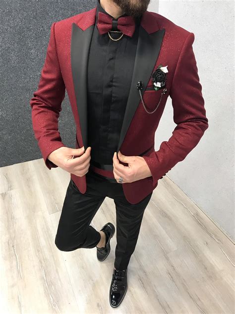 Dark Red Shiny Mens Suits Formal Wedding Tuxedos Groomsmen Bride Men ...