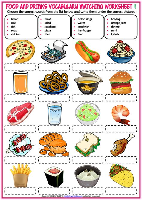 Food and drinks vocabulary esl matching exercise worksheets for kids ...