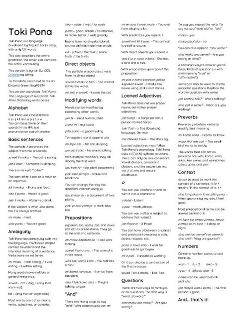 Toki Pona Cheat Sheet