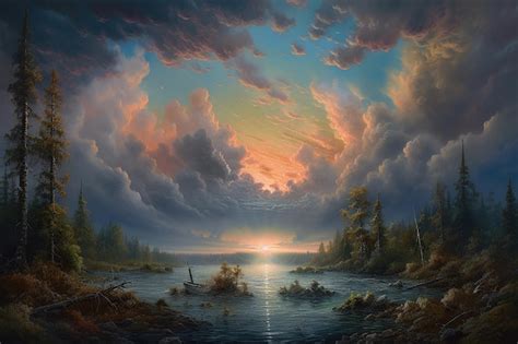 Premium AI Image | A painting of a lake with a sunset in the sky