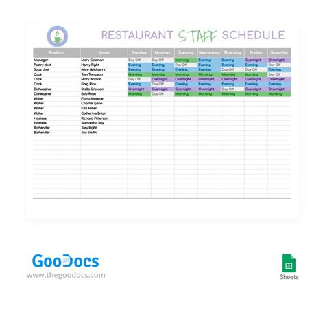 Free Simple Restaurant Staff Schedule Template In Google Sheets