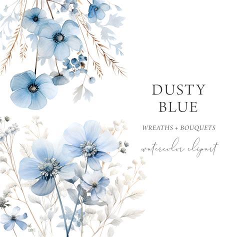 Dusty Blue Floral Clipart, Wild Flower Clipart, Blue Wildflowers ...