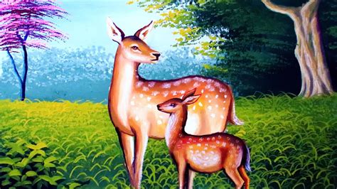 Deer drawing and painting || easy deer painting with forest ...