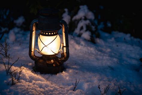 Lantern at Dark in the Forest at Wintertime Stock Photo - Image of burn ...